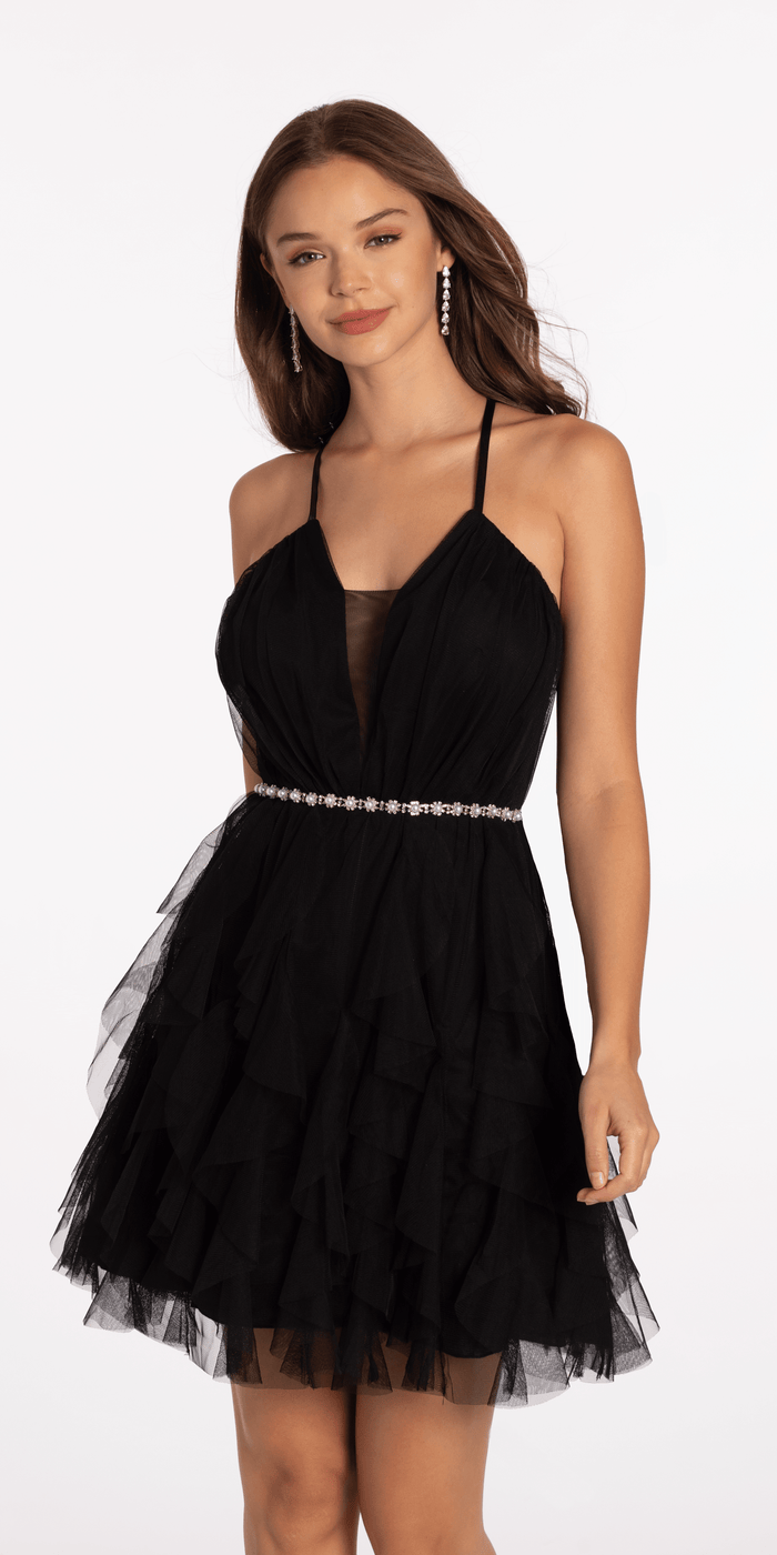 black/size/4/missy/Camille La Vie/Mesh Plunge Fit and Flare Dress with Pearl Waist Detail /front alt
