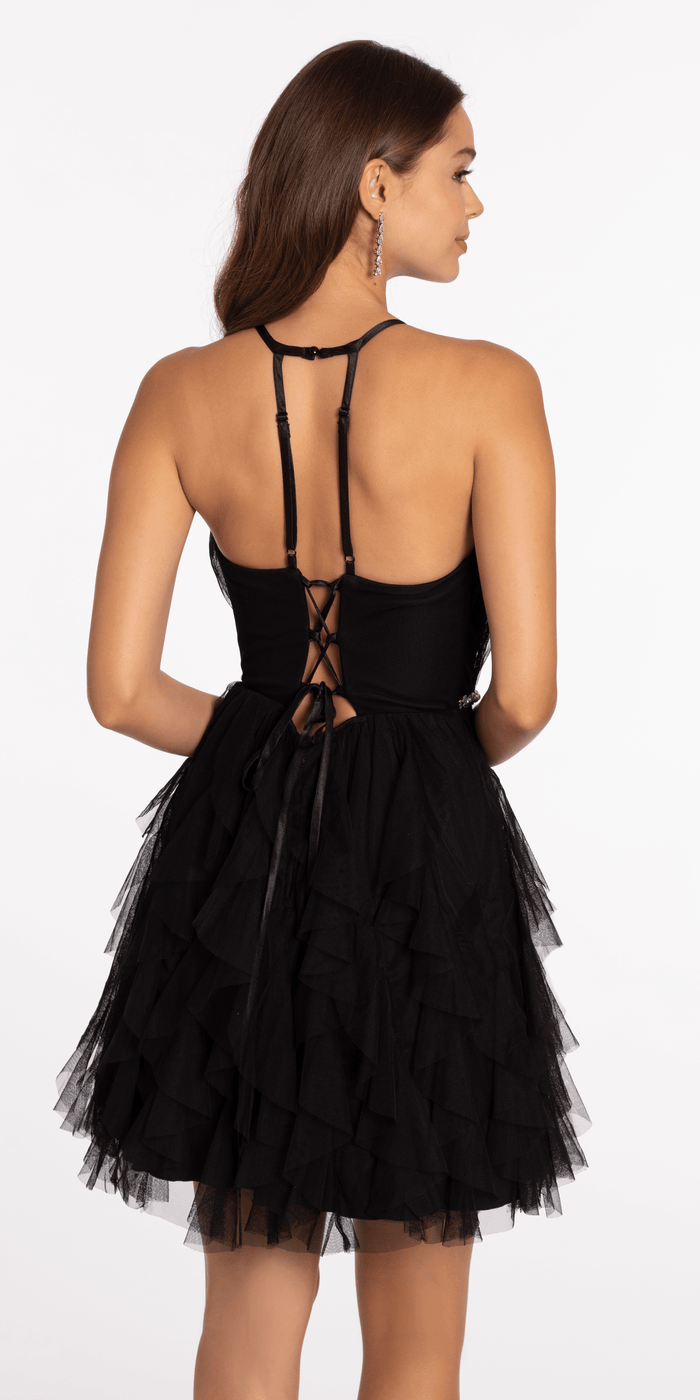 black/size/4/missy/Camille La Vie/Mesh Plunge Fit and Flare Dress with Pearl Waist Detail /back alt