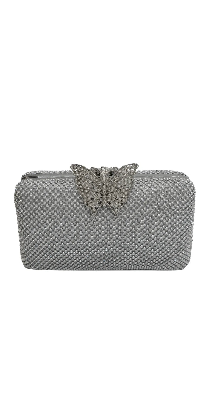silver/no size/Camille La Vie/Mesh Rhinestone Handbag with Butterfly Top Clasp/front