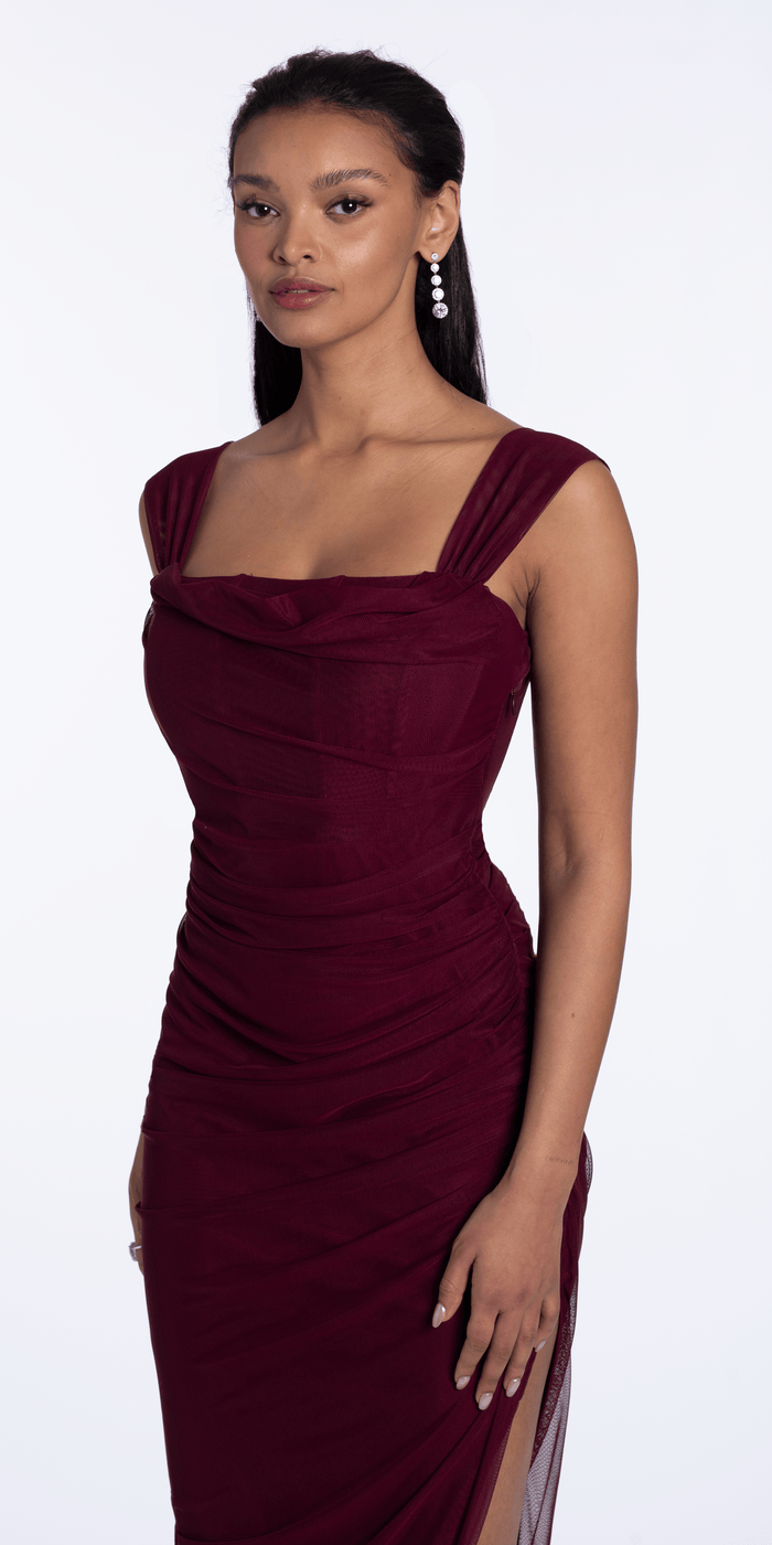 wine/size/4/missy/Camille La Vie/Mesh Square Neck Drape Corset Column Dress with Ruching/close up