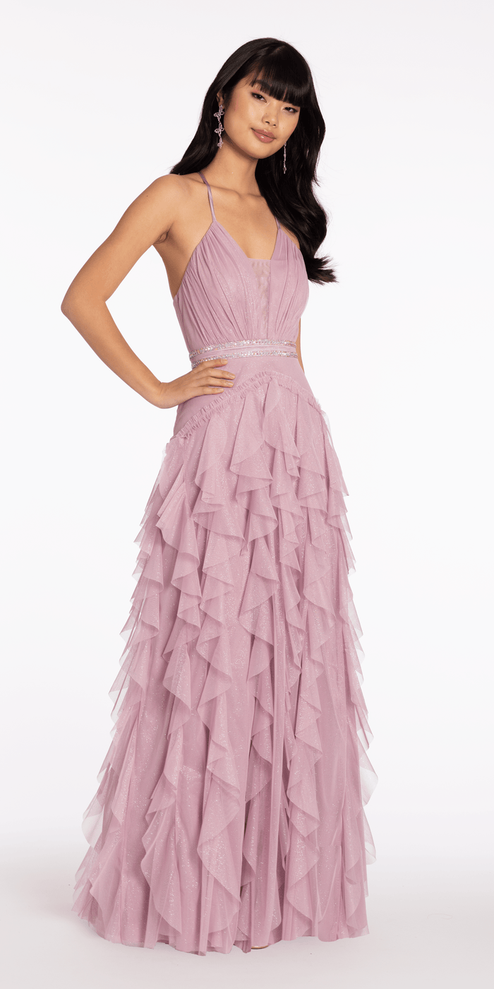 lilac/size/4/missy/Camille La Vie/Mesh Strappy Back Halter Tiered Ballgown/front alt 2