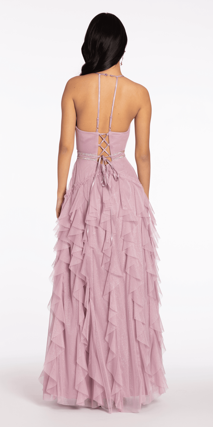 lilac/size/4/missy/Camille La Vie/Mesh Strappy Back Halter Tiered Ballgown/back