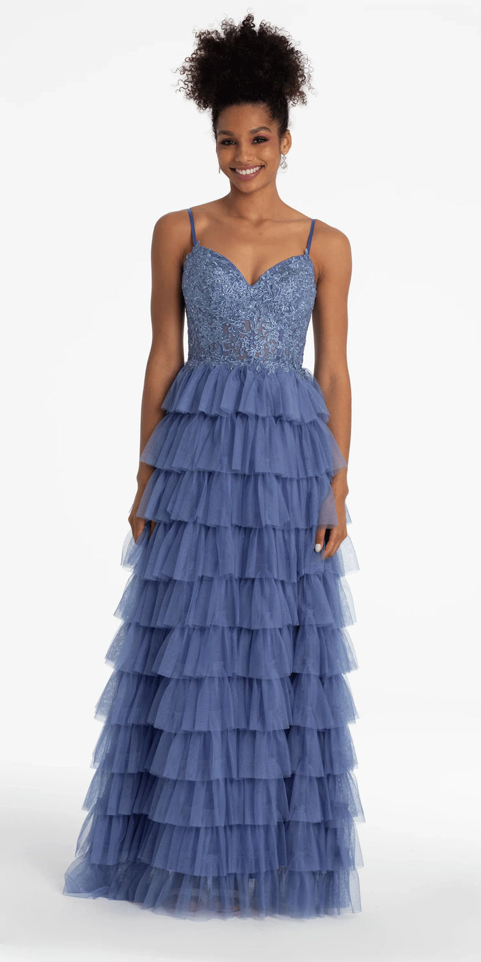 Mesh Tiered Corset Keyhole Back Ballgown - Camille La Vie