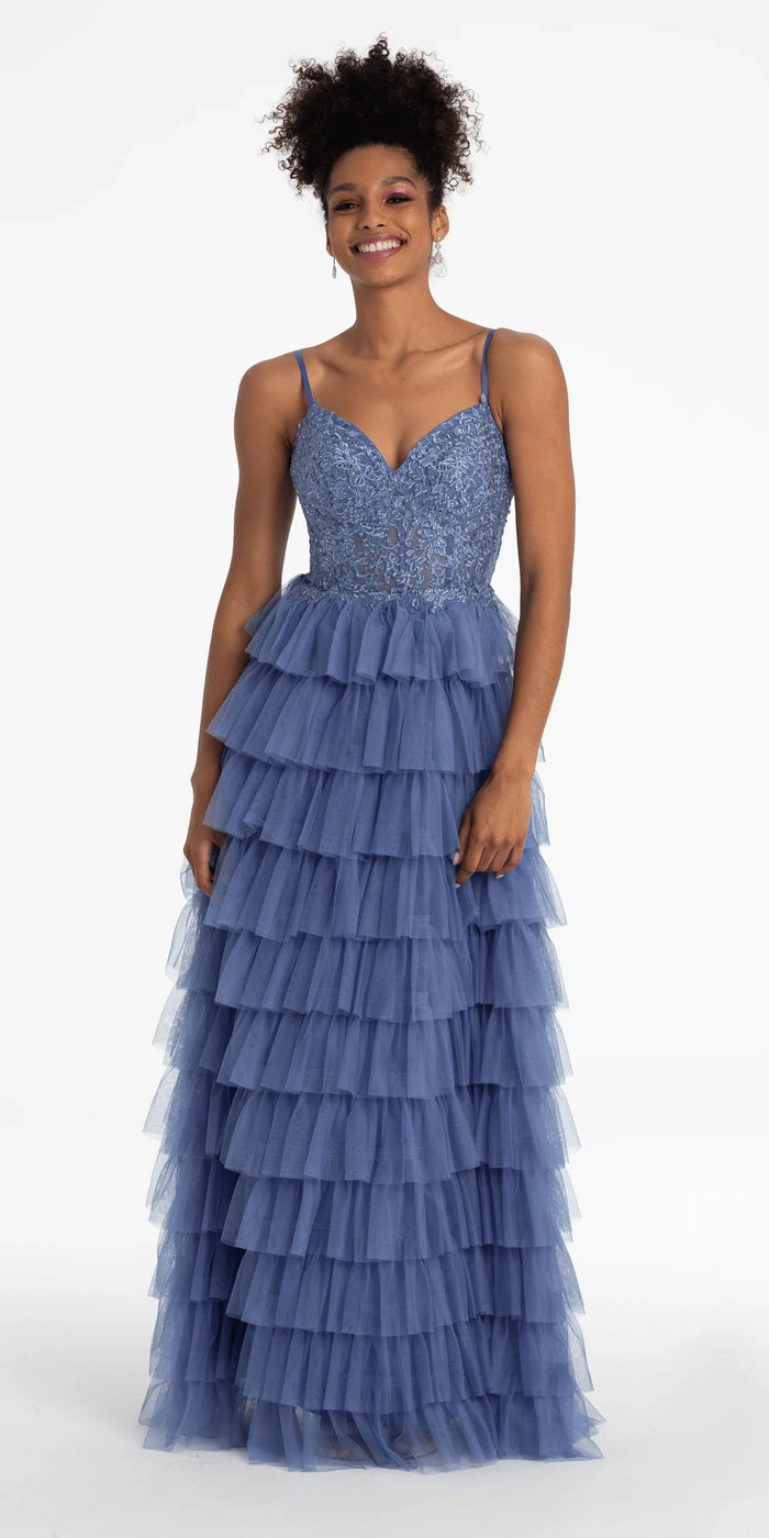 Mesh Tiered Corset Keyhole Back Ballgown - Camille La Vie