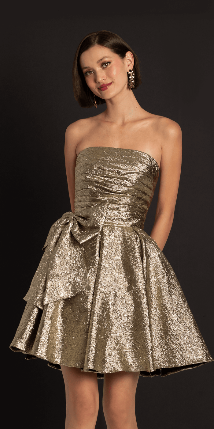 gold/size/4/missy/Camille La Vie/Metallic Crinkle Pleated Strapless Fit and Flare Dress with Bow /front 1