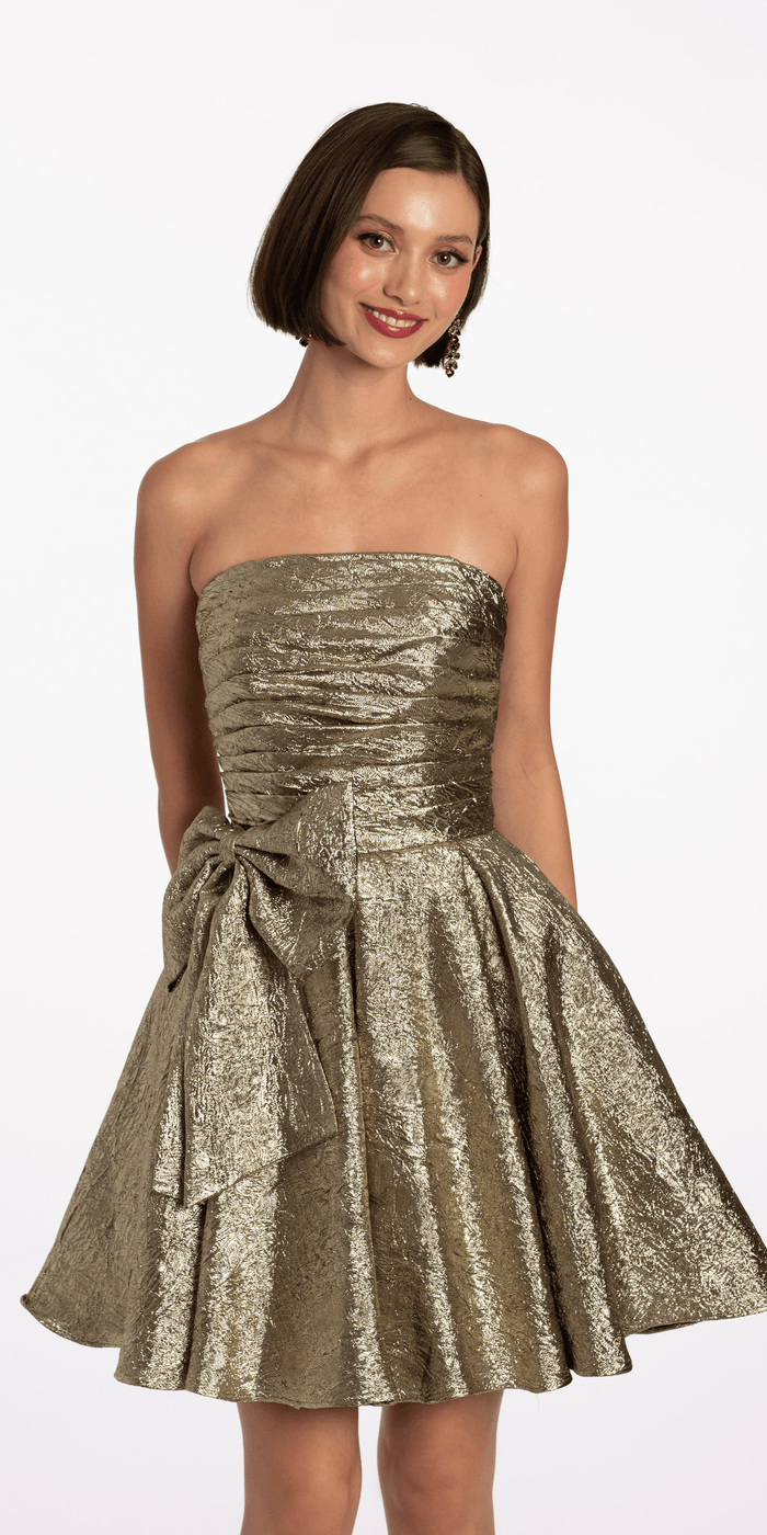 gold/size/4/missy/Camille La Vie/Metallic Crinkle Pleated Strapless Fit and Flare Dress with Bow/ front