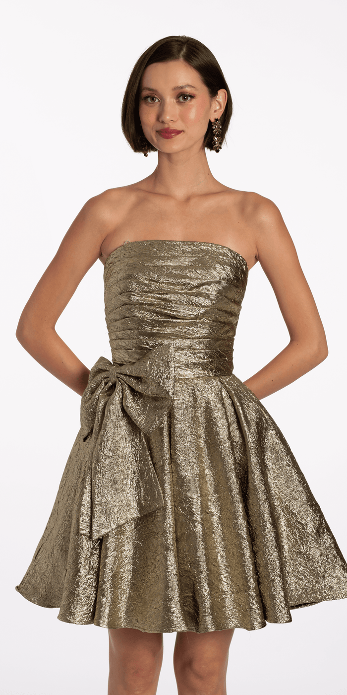 gold/size/4/missy/Camille La Vie/Metallic Crinkle Pleated Strapless Fit and Flare Dress with Bow/ front alt