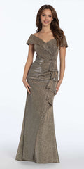 sand/size/4/missy/Camille La Vie/Metallic Off the Shoulder Column Dress with Side Drape/front