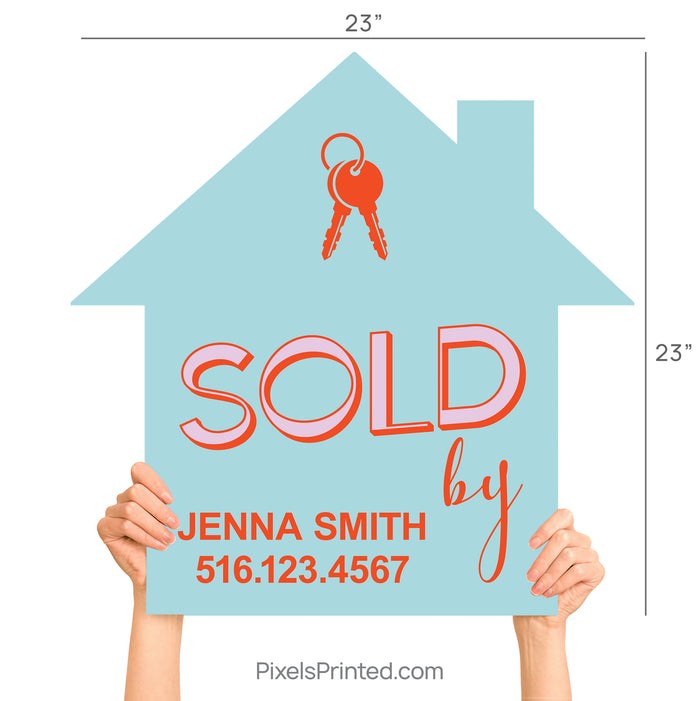 Minimalist white house-shaped sign with black Sold By text held by a real estate agent.