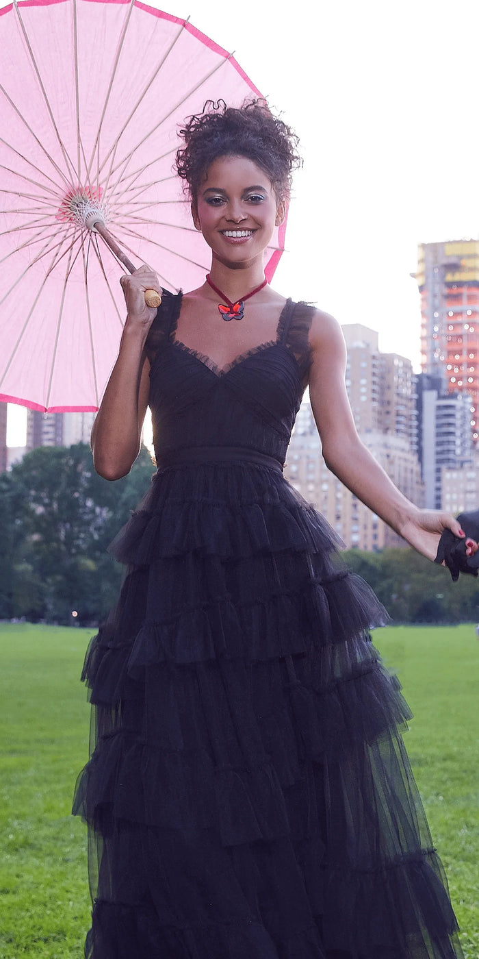 black/size/4/ missy/Camille La Vie/Multi Tiered Tulle Ballgown with Satin Waist Accent /front alt