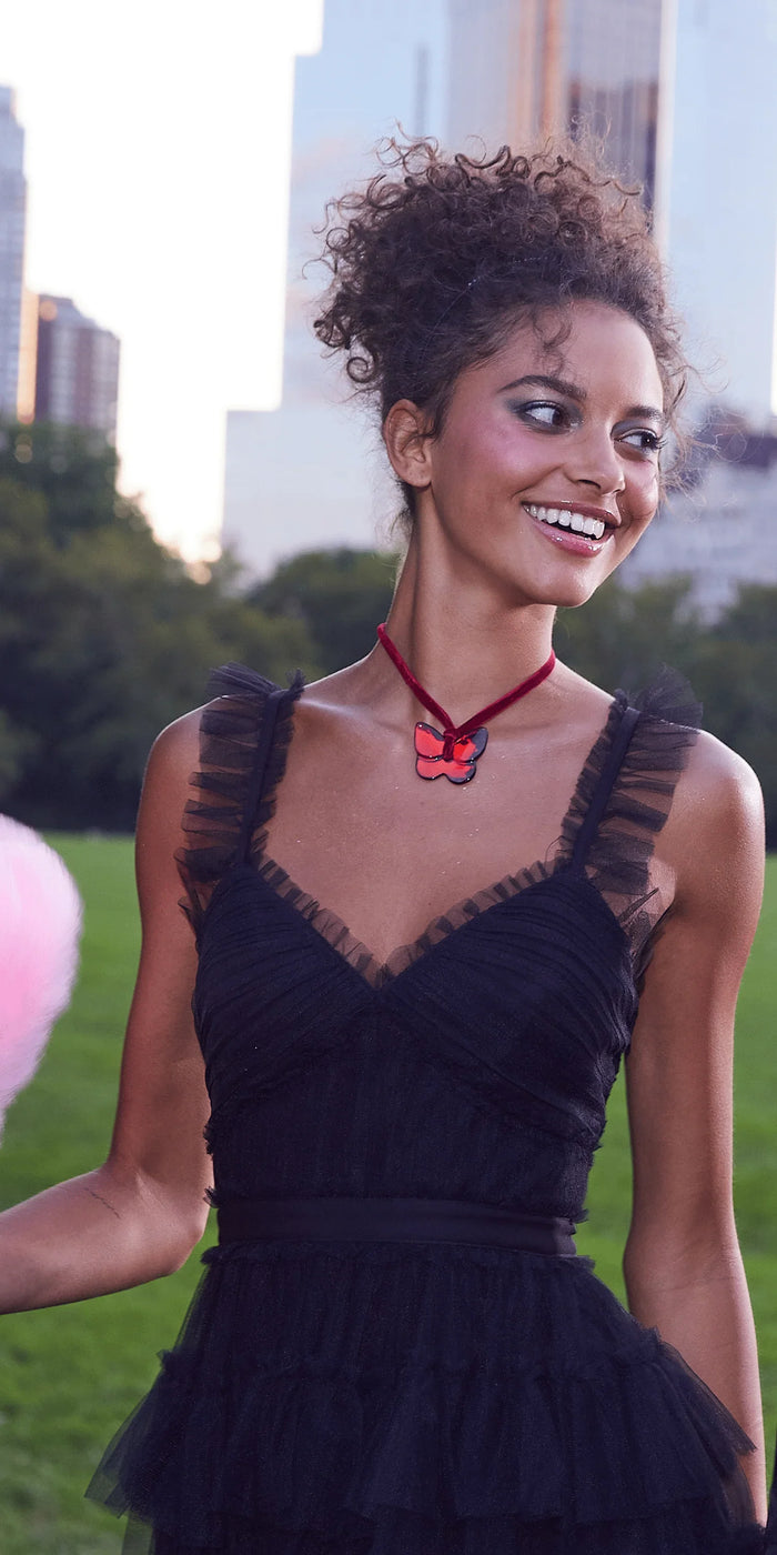 black/size/4/ missy/Camille La Vie/Multi Tiered Tulle Ballgown with Satin Waist Accent /close up