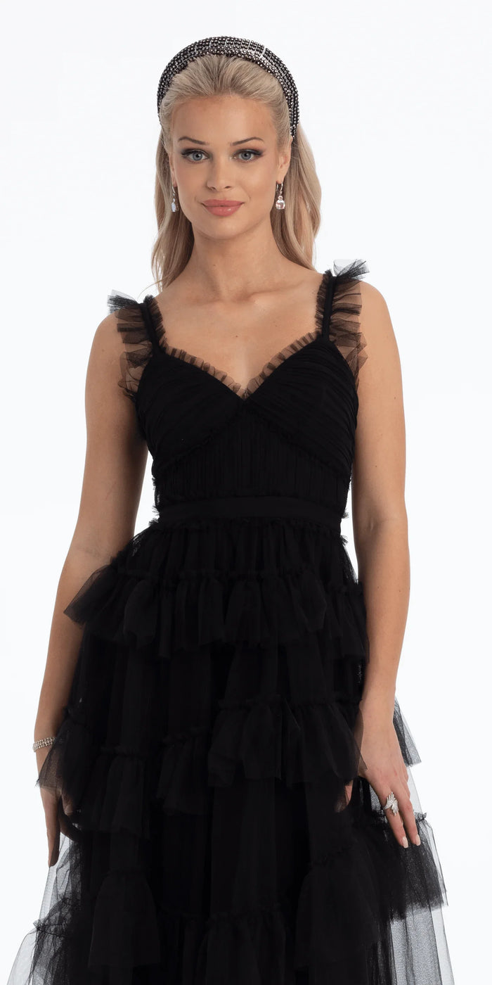 black/size/4/ missy/Camille La Vie/Multi Tiered Tulle Ballgown with Satin Waist Accent /close up
