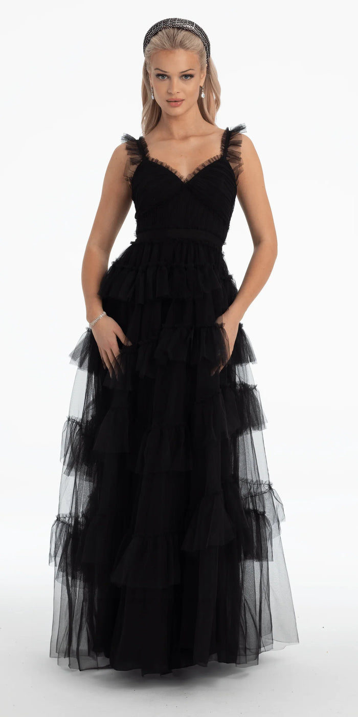 black/size/4/ missy/Camille La Vie/Multi Tiered Tulle Ballgown with Satin Waist Accent /front 1