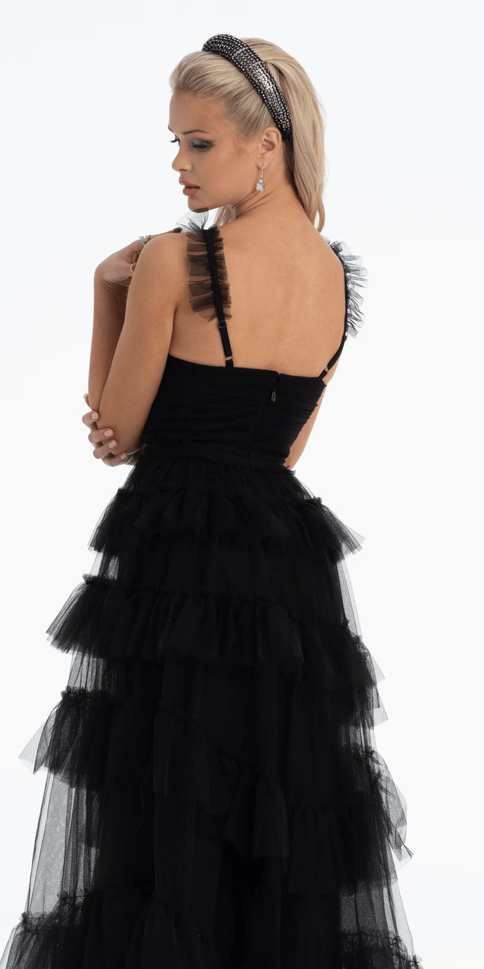 black/size/4/ missy/Camille La Vie/Multi Tiered Tulle Ballgown with Satin Waist Accent/back close up