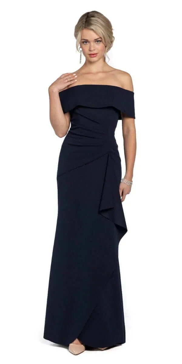 navy/size/4/ missy/ Camille La Vie/Off the Shoulder Crepe Dress with Side Drape/front 1