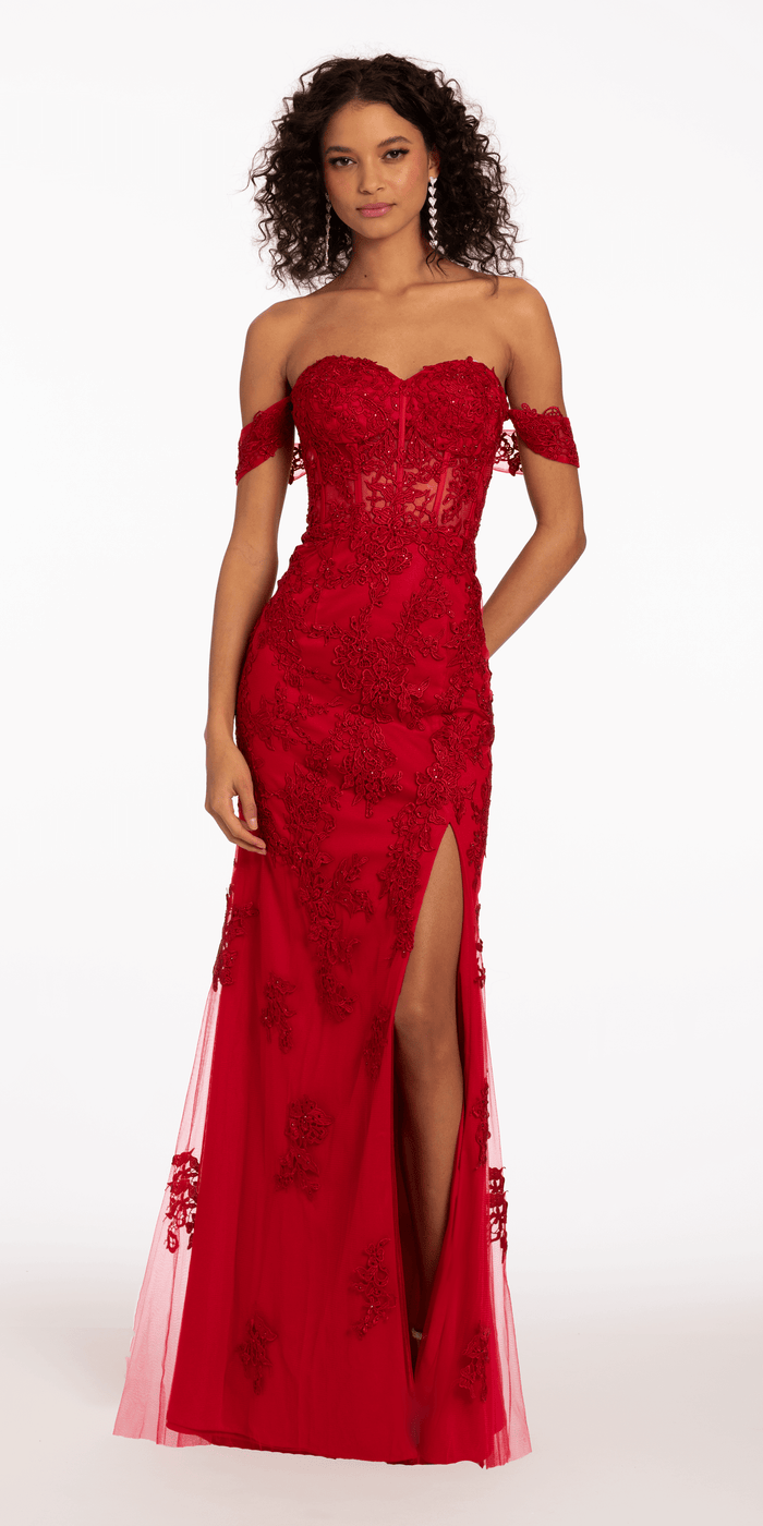 red/size/4/missy/Camille La Vie/Off the Shoulder Embroidered Corset Column Dress with Keyhole Back/front