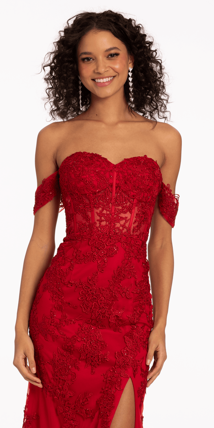 red/size/4/missy/Camille La Vie/Off the Shoulder Embroidered Corset Column Dress with Keyhole Back/front alt