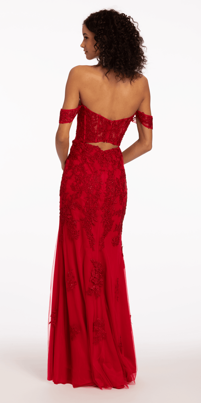 red/size/4/missy/Camille La Vie/Off the Shoulder Embroidered Corset Column Dress with Keyhole Back/back