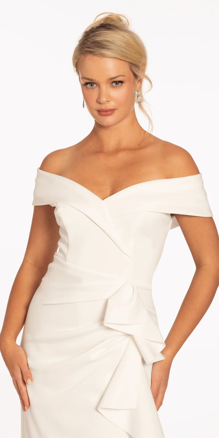 Off the Shoulder Midi Scuba Dress with Side Cascade - Camille La Vie