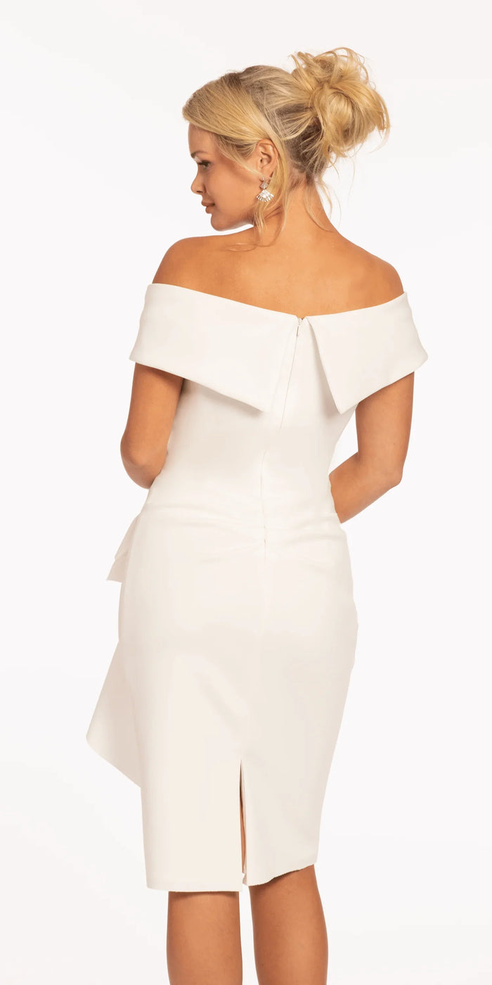 Off the Shoulder Midi Scuba Dress with Side Cascade - Camille La Vie