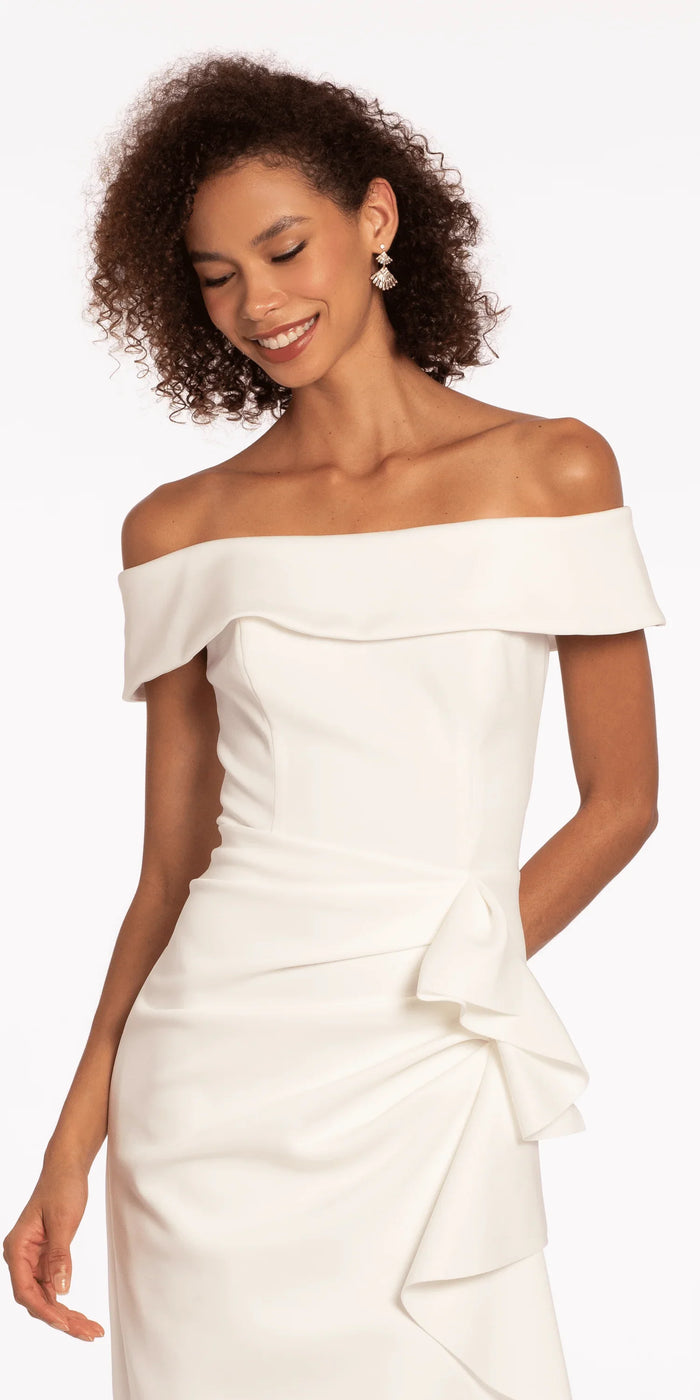 ivory/size/4/missy/Camille La Vie/Off the Shoulder Scuba Dress with Side Cascade /close up