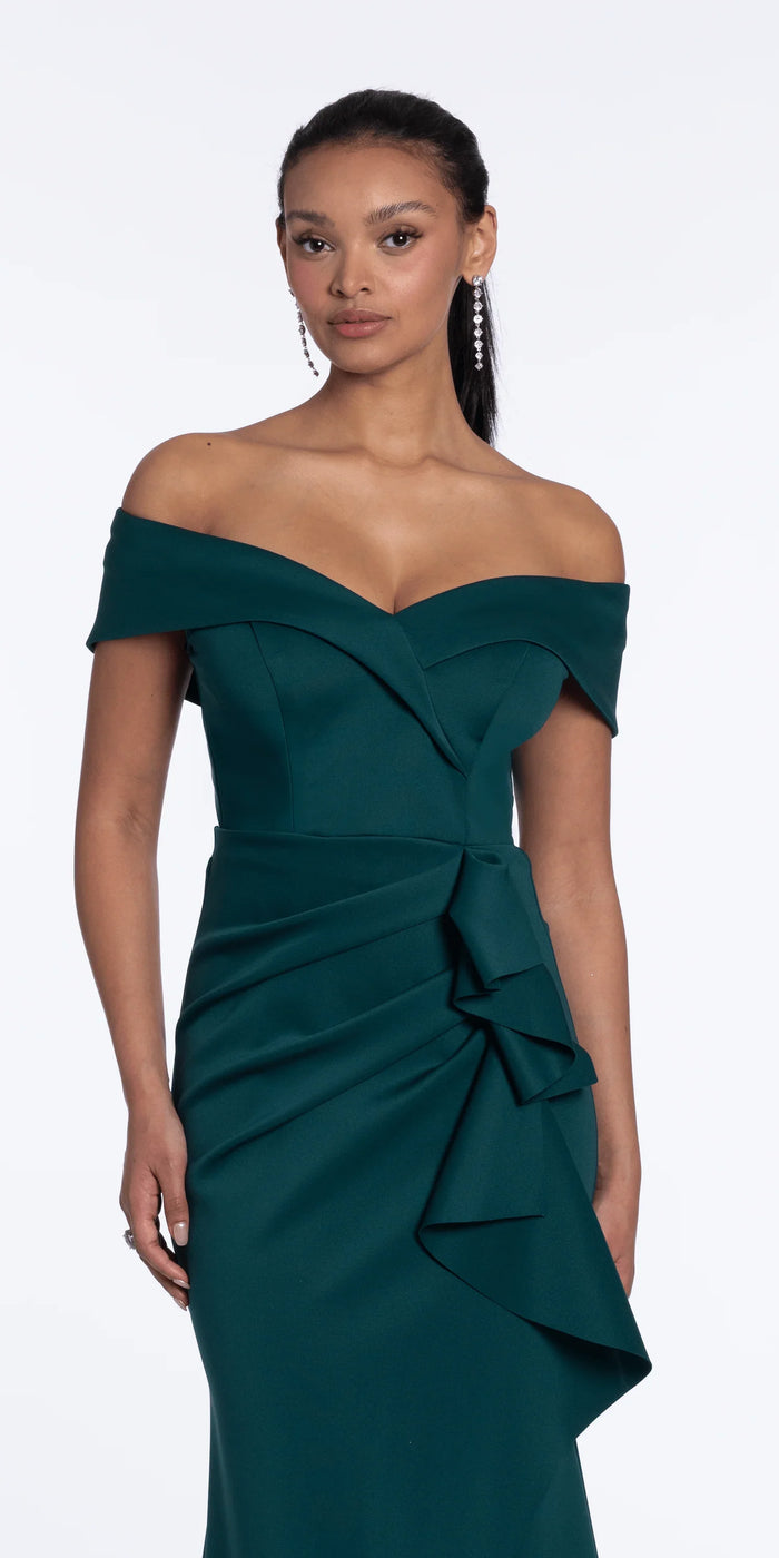 hunter-green/size/4/missy/Camille La Vie/Off the Shoulder Scuba Dress with Side Ruffle/close alt