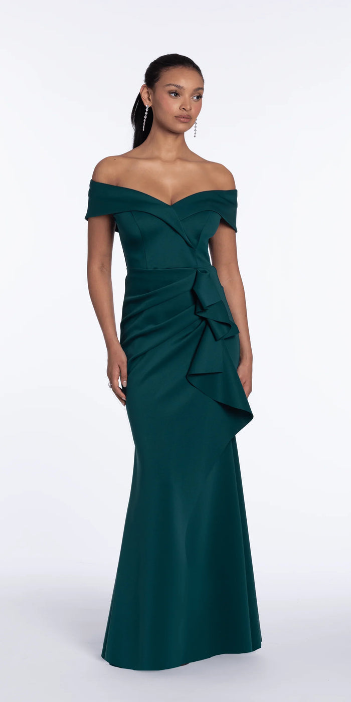 hunter-green/size/4/missy/Camille La Vie/Off the Shoulder Scuba Dress with Side Ruffle/front alt