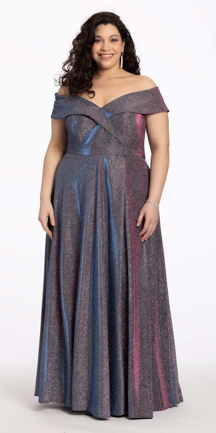 black-fuchsia/size/14/plus/Camille La Vie/Off The Shoulder Surplice Two Tone Metallic Dress/front