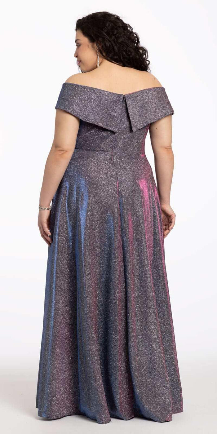 black-fuchsia/size/14/plus/Camille La Vie/Off The Shoulder Surplice Two Tone Metallic Dress/fback