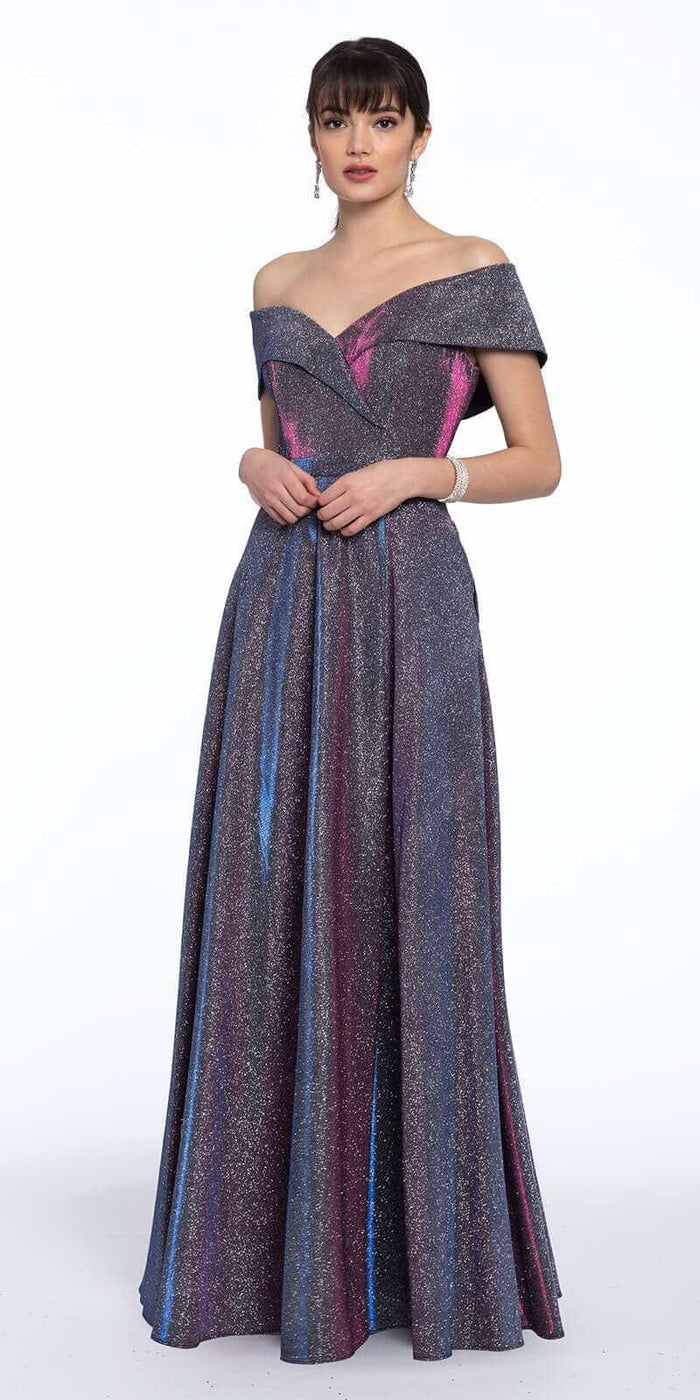 black-fuchsia/size/4/missy/Camille La Vie/Off The Shoulder Surplice Two Tone Metallic Dress/front