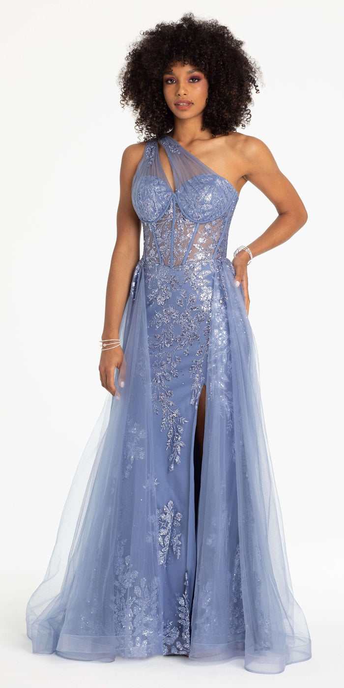 One Shoulder Floral Glitter Column Dress with Hostess Skirt - Camille La Vie