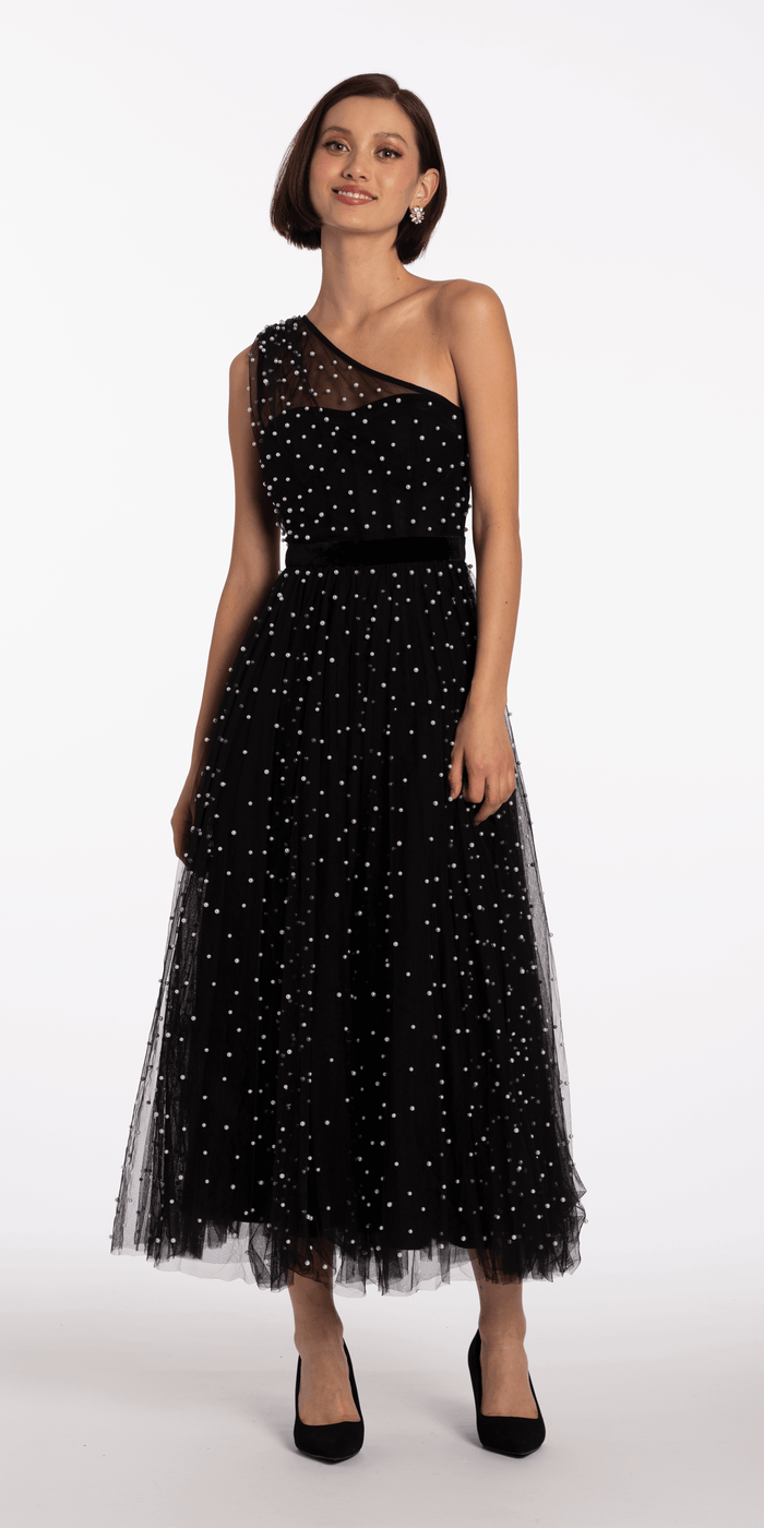 One Shoulder Pearl Mesh Tea Length Dress - Camille La Vie