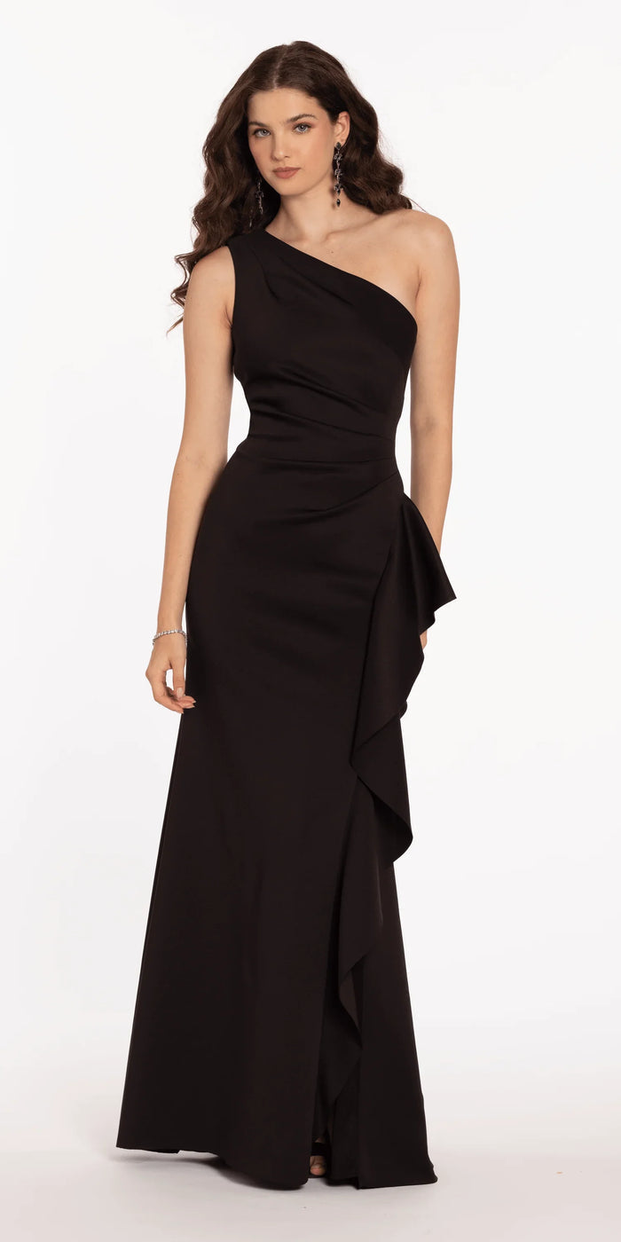 black/size/4/missy/Camille La Vie/One Shoulder Scuba Trumpet Dress with Side Cascade/front