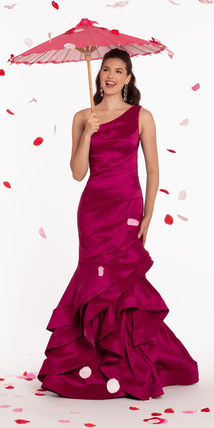 magenta/size/4/missy/Camille La Vie/One Shoulder Taffeta Tiered Hem Mermaid Dress/alt
