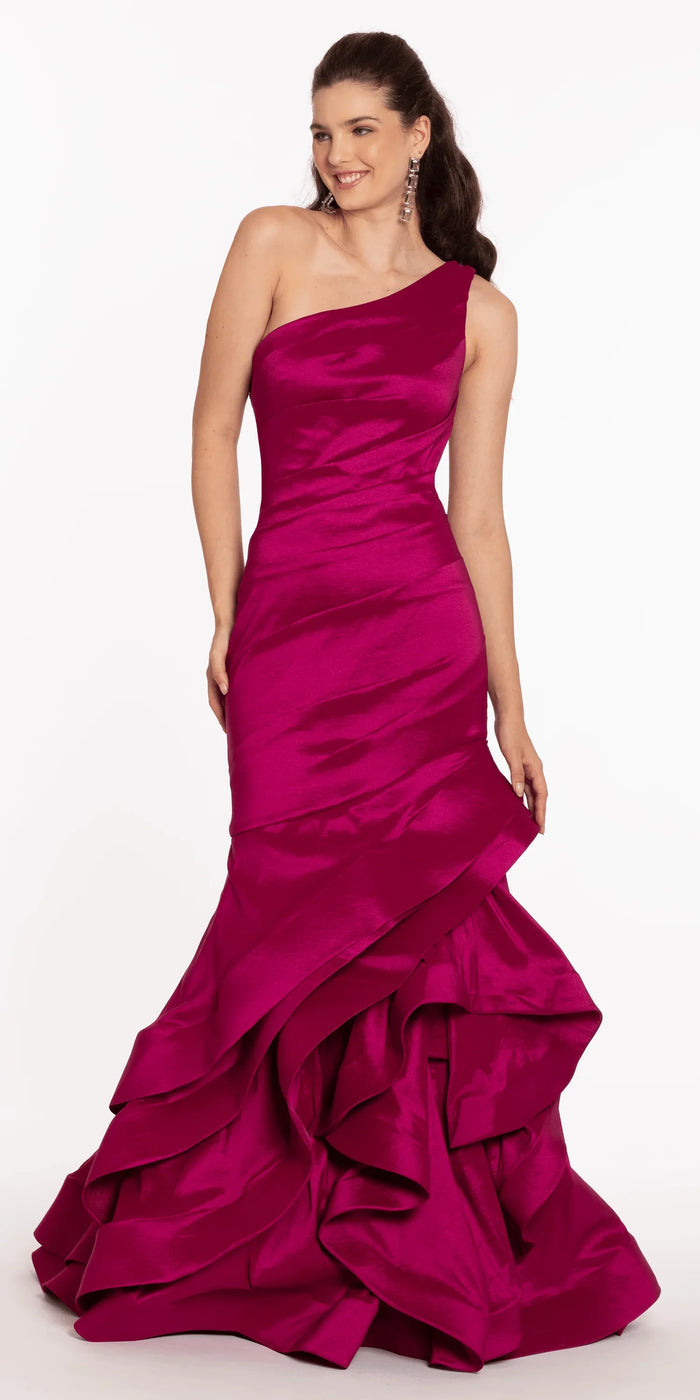magenta/size/4/missy/Camille La Vie/One Shoulder Taffeta Tiered Hem Mermaid Dress/front
