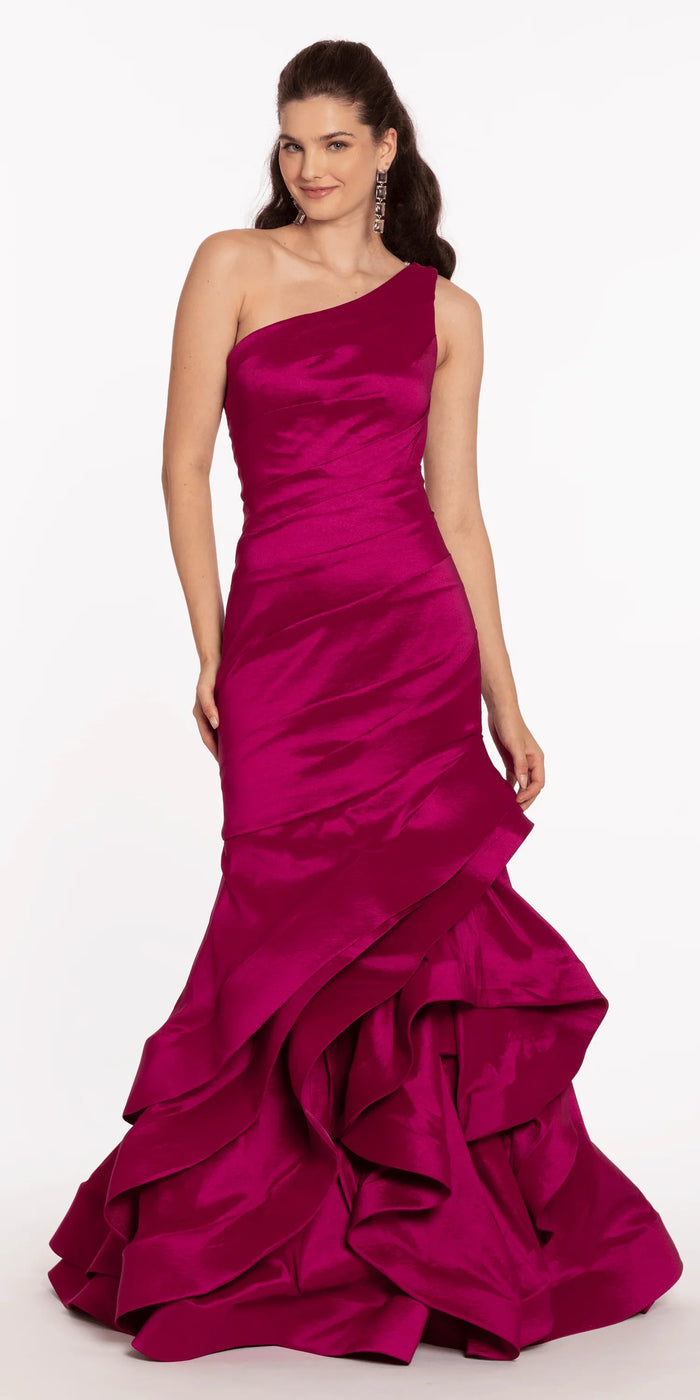 magenta/size/4/missy/Camille La Vie/One Shoulder Taffeta Tiered Hem Mermaid Dress/front alt