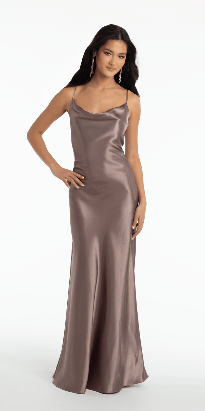 taupe/size/4/missy/Camille La Vie/Open Tie Back Satin Cowl Neck Column Dress /front