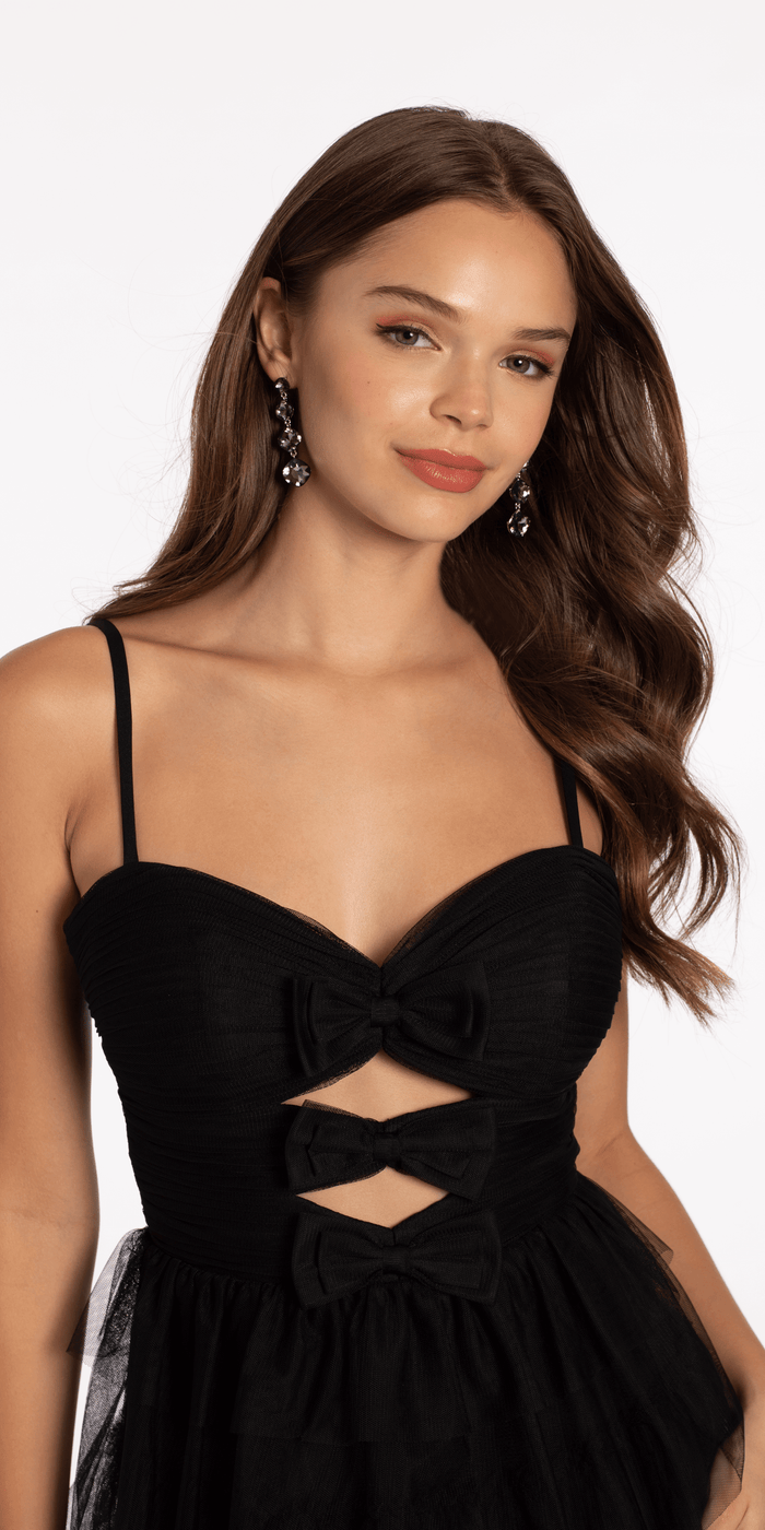 black/size/4/missy/Camille La Vie/Peek a Boo Bows Mesh Tiered Fit and Flare Dress/close up