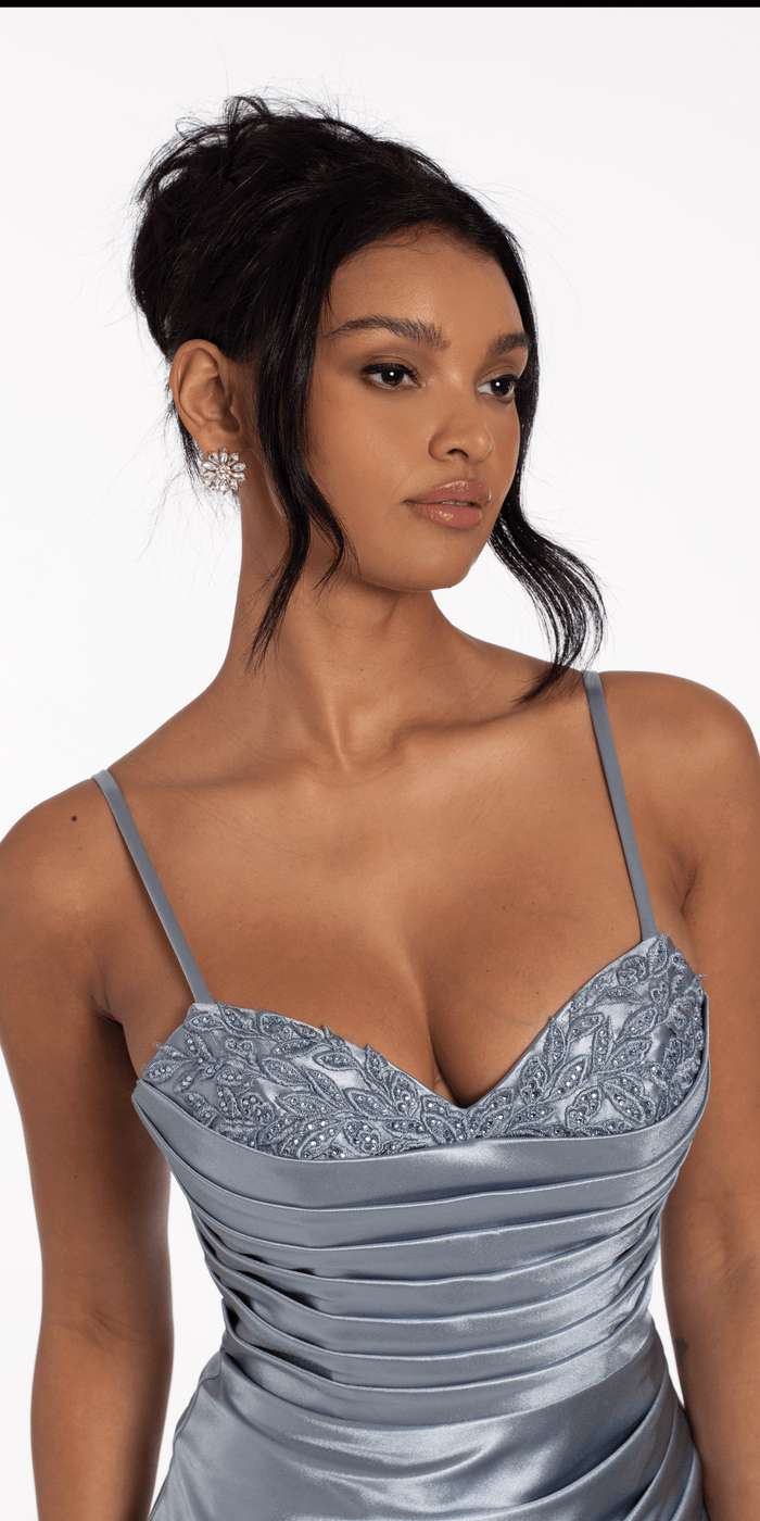 light-blue/size/4/missy/Camille La Vie/Pleated Embellished Stretch Satin Sweetheart Bodycon Dress/close up 1