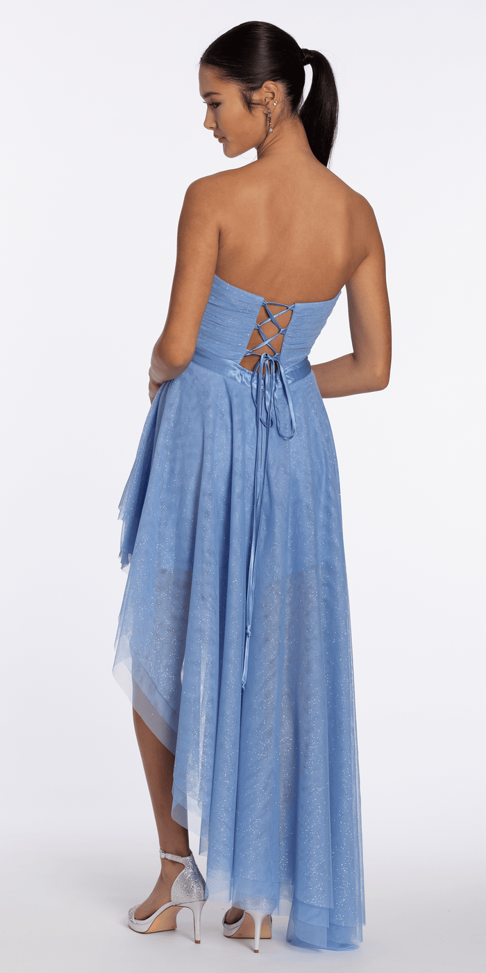 blue/size/s/missy/Camille La Vie/Pleated Glitter Mesh Strapless Dress with Asymmetrical Hem/back