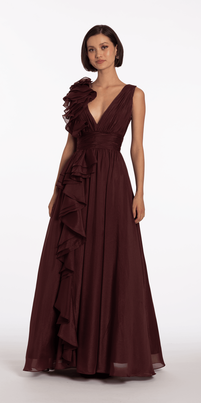 wine/size/4/missy/Camille La Vie/Pleated Organza V Neck Ballgown with 3D Ruffle/front