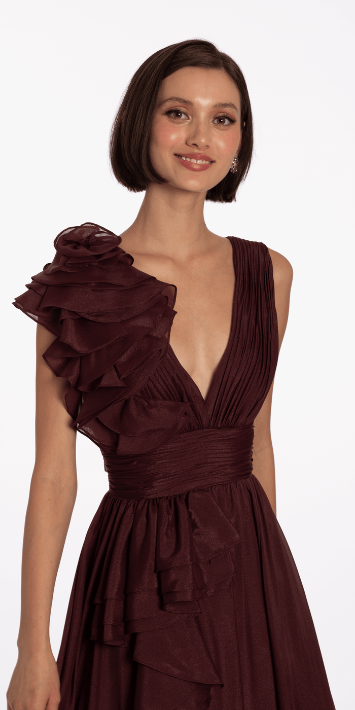 wine/size/4/missy/Camille La Vie/Pleated Organza V Neck Ballgown with 3D Ruffle/close up