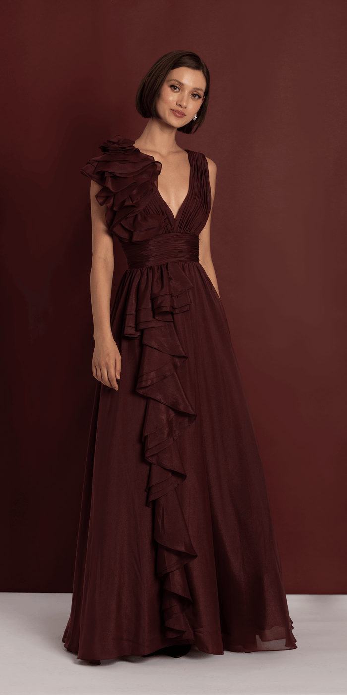 wine/size/4/missy/Camille La Vie/Pleated Organza V Neck Ballgown with 3D Ruffle/front alt 2