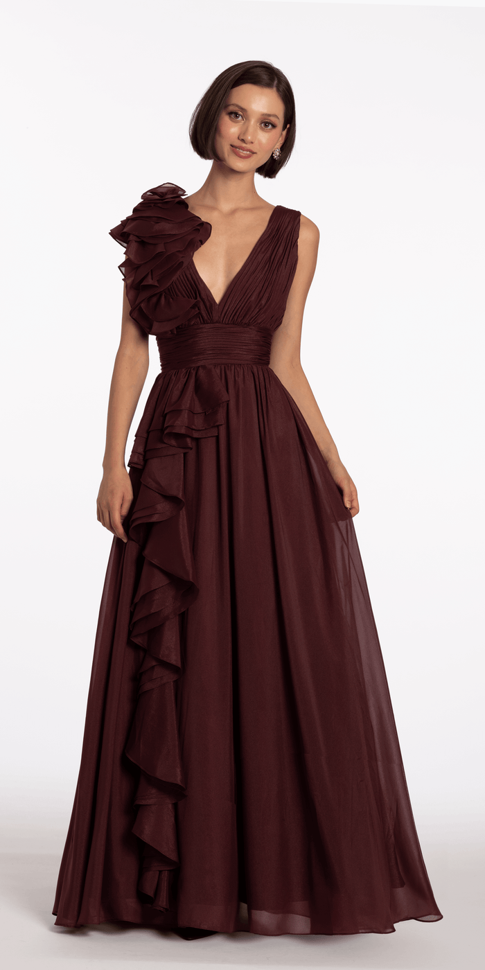 wine/size/4/missy/Camille La Vie/Pleated Organza V Neck Ballgown with 3D Ruffle/front alt