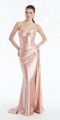 blush/size/4/missy/l Camille La Vie/Peated Plunge Stretch Satin Column Dress with Side Ruching /front 1