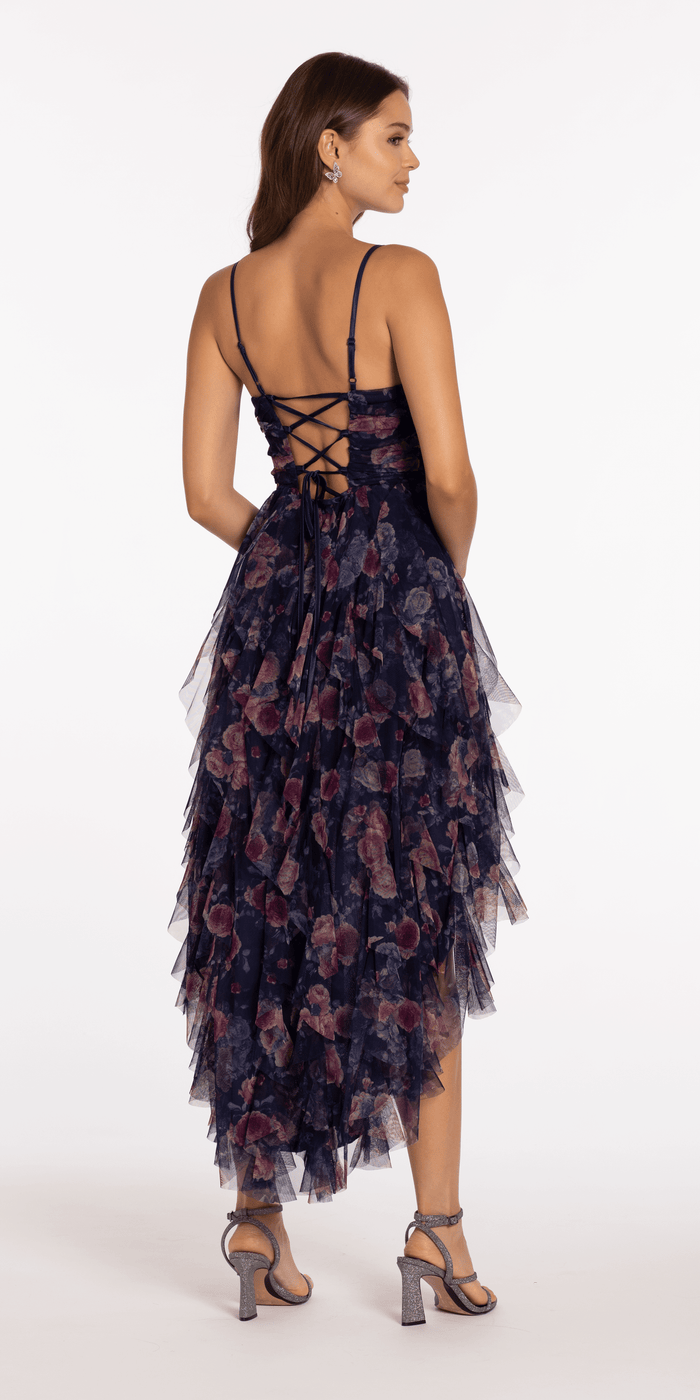 Pleated Print Mesh High Low Dress with Tendrils - Camille La Vie