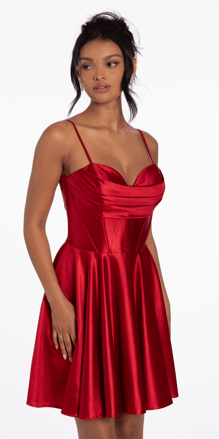 wine/size/4/missy/Camille La Vie/Pleated Shimmer Satin Corset Skater Dress with Pockets/front