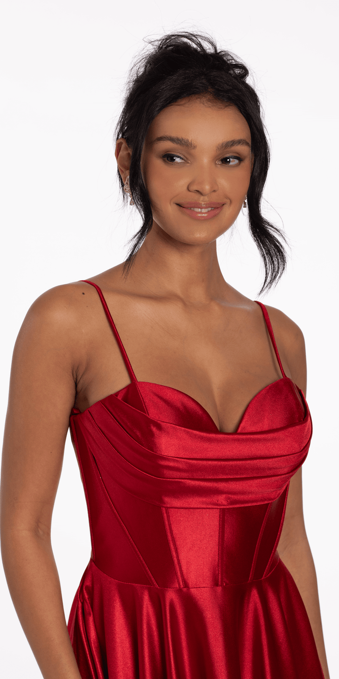 wine/size/4/missy/Camille La Vie/Pleated Shimmer Satin Corset Skater Dress with Pockets/front alt