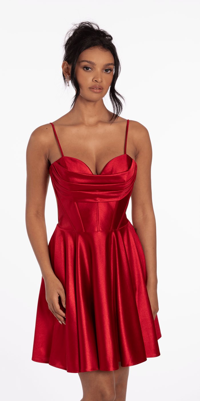 wine/size/4/missy/Camille La Vie/Pleated Shimmer Satin Corset Skater Dress with Pockets/front alt 3