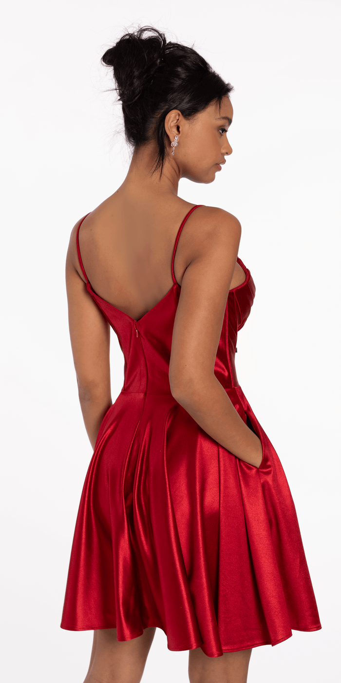 wine/size/4/missy/Camille La Vie/Pleated Shimmer Satin Corset Skater Dress with Pockets/back alt